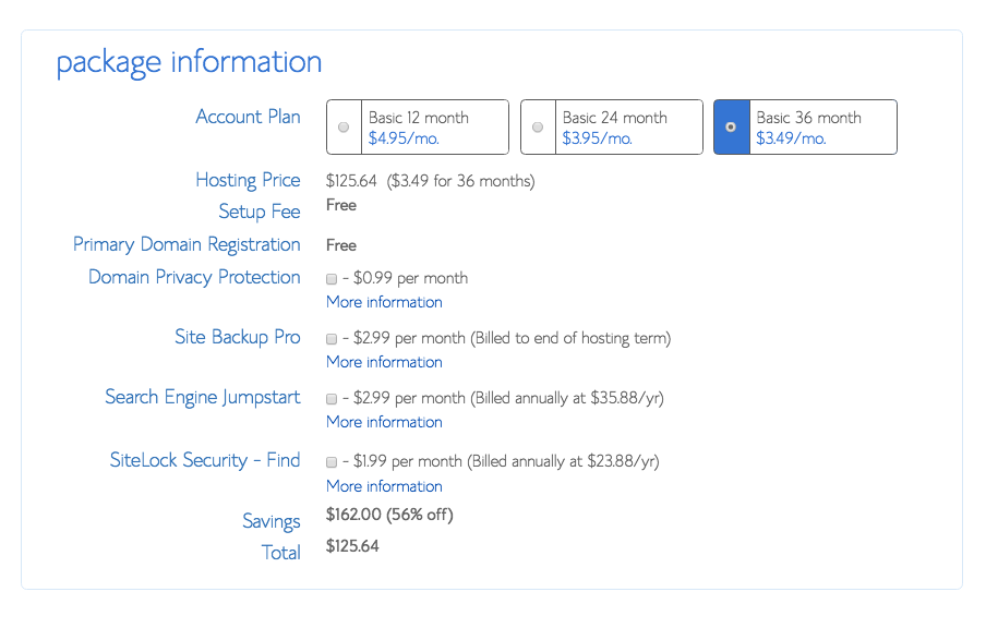 Bluehost package setup